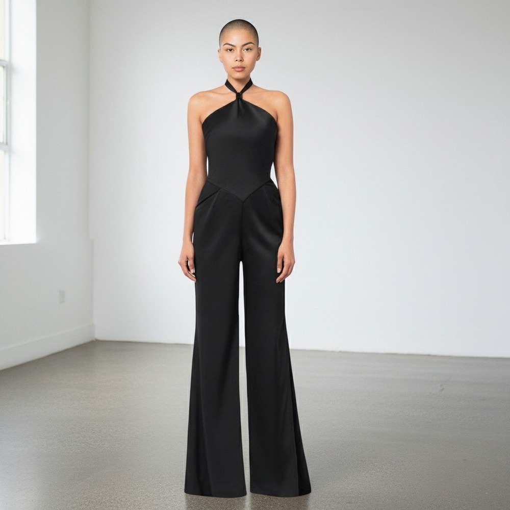 AQUA Halter Neck Wide Leg Satin Jumpsuit Womens 6 Black Party Hostess Event NWT